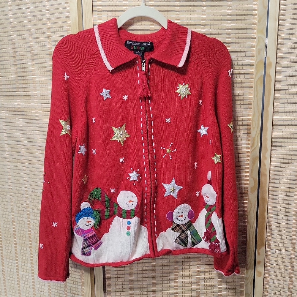 Hampshire Stuido Snow Snowman Cardigsn Sweater - Women's Large
